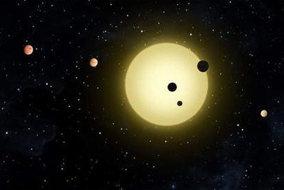 Ilustración del sistema planetario Kepler-11 con sus seis planetas en órbita.
