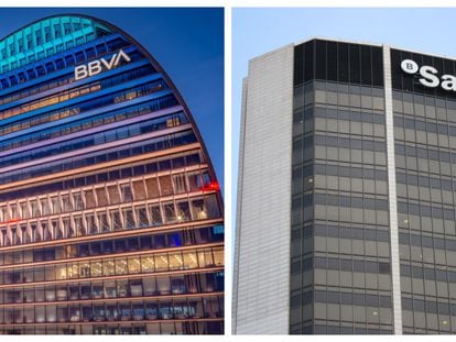 Las sedes corporativas del BBVA y el Sabadell, en sendas fotografías de archivo.