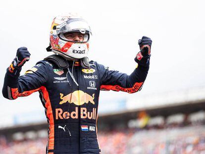 Verstappen celebra su victoria en el GP de Alemania.