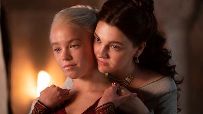 Milly Alcock and Emily Carey, playing Princess Rhaenyra Targaryen and Alicent Hightower in 'House of the Dragon.'