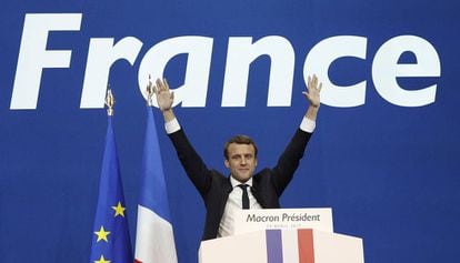 Emmanuel Macron, candidat a la presidència francesa, celebra la seva victòria a la primera volta.