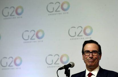 El secretario del Tesoro de EEUU, Steven Mnuchin, durante la rueda de prensa al cierre del la cumbre del G-20.