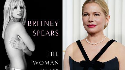 La portada del libro autobiográfico de Britney Spears, 'The Woman In Me' (Gallery Books, 2023) y Michelle Williams en una composición fotográfica.