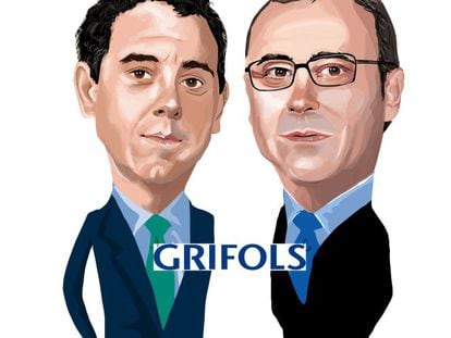 Una caricatura de los futuros consejeros delegados de Grifols, Víctor Grifols Deu y Raimon Grifols Roura.