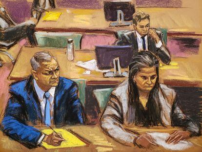Ilustración de Genaro García Luna y su abogada, Valerie Gottlieb, en la corte federal de Brooklyn, este martes.