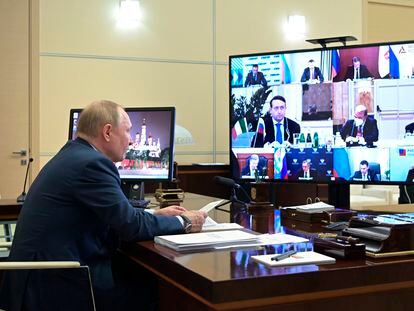 Putin durante la reunión telemática este miércoles con empresarios italianos