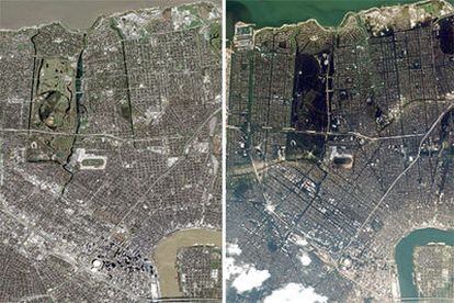 Nueva Orleans, antes y después del paso del ciclón Katrina.