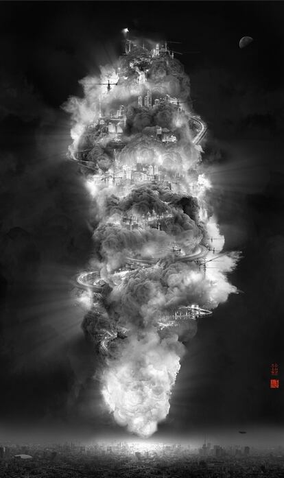 El extremo de su fantasía lo alcanza en Heavenly City (Ciudad celestial, 2008). En la imagen, una enorme columna etérea entreverada por macizos de edificios.