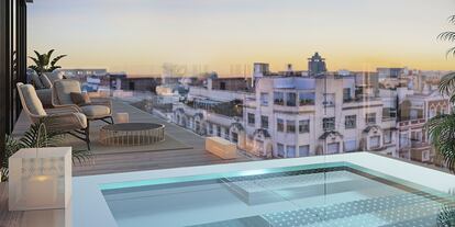 Terraza con piscina en uno de los pisos de lujo que ofrece Impar Grupo en Madrid.