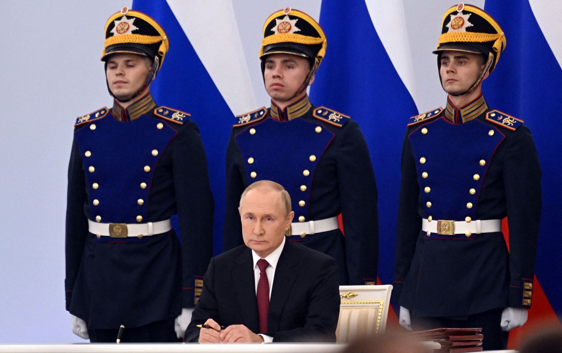 Vladimir Putin, en la ceremonia en la que declaró la anexión de las provincias ucranias de Donetsk, Lugansk, Jersón y Zaporiyia, el viernes en Moscú.