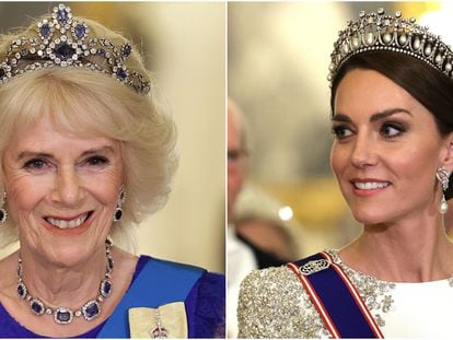 La reina consorte, Camila, y la princesa de Gales, Kate, asisten al primer banquete oficial desde la proclamación de Carlos III como rey.