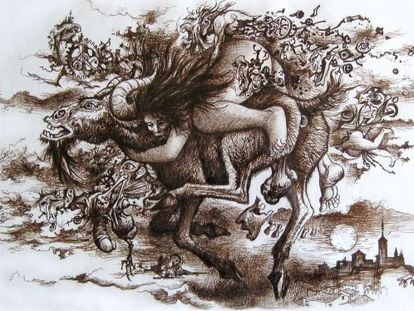 'Vuelo al aquelarre', tinta de 1971 de Lorenzo Goñi.