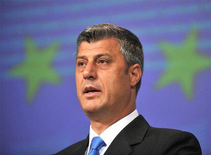 El primer ministro de Kosovo, Hashim Thaci, interviene en la Conferencia de Donantes de Bruselas.