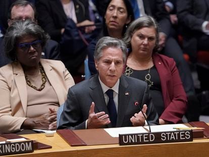 Antony Blinken, secretario de Estado de EE UU, durante su intervención este jueves en la reunión extraordinaria del Consejo de Seguridad de la ONU, celebrado en Nueva York.