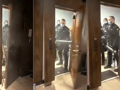 Así derribó la policía la puerta de una vivienda para detener una fiesta ilegal en Madrid