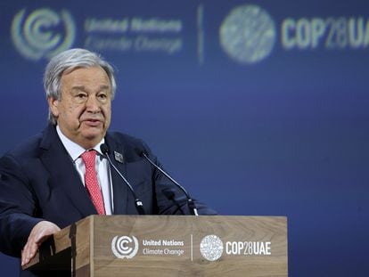 António Guterres, secretario general de la ONU, durante su intervención en la COP28 de Dubái, este jueves.