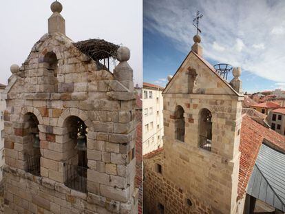 Espadaña de la iglesia de San Antolín antes y después de la restauración.