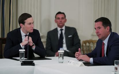 California Republican Legislator Devin Nunes (right) speaks with Jared Kushner (left), former President Trump's son-in-law and adviser, in a May 2020 photo.