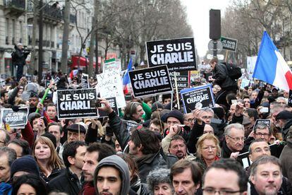 Manifestación en París en repulsa de los atentados contra el semanario satírico 'Charlie Hebdo', en enero de 2015. 