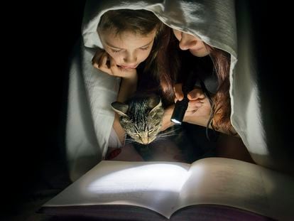 Una madre y su hija leen en la cama con una linterna.