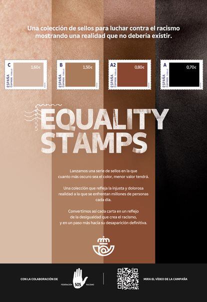 Estas son los cuatro sellos de la colección 'Equality Stamps'. Su precio, desde 0,70 euros hasta 1,60 euros según el color, simboliza un valor distinto según el color de la piel que representan.
