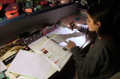 Una estudiante hace en su casa los deberes encargados por el colegio para el día siguiente.
