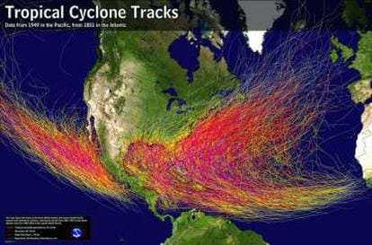 rayectorias de huracanes en el Atlantico desde 1851 y en el Pacífico desde 1949.