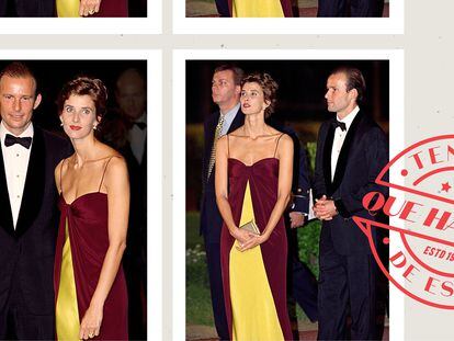 Rosario Nadal y Kyril de Bulgaria en la cena previa al enlace de la infanta Cristina en 1997. Ella lleva un vestido de Valentino.