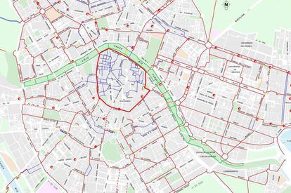 Futuro mapa ciclista de Valencia. Reino de Valencia y la calle Russafa también tendrán carril bici, aunque no aparece grafiado en la imagen.