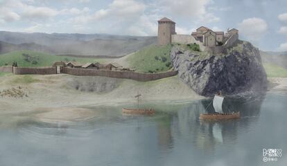 Infografía final de la reconstrucción virtual del castillo de Gauzón. Vista general del asentamiento desde el norte.