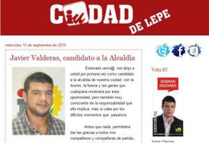 Página de IU de Lepe en Internet con la presentación de Javier Valderas como candidato.