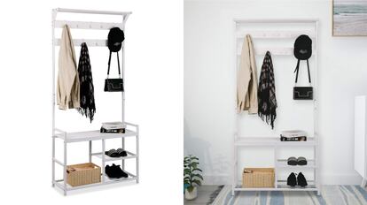 This coat rack with a bench and shelves at different heights is capable of supporting up to 150 kg of weight on its main shelf.