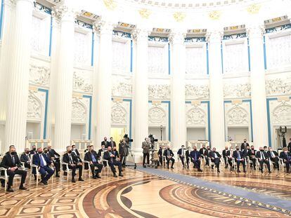 Reunión convocada por el presidente ruso con representantes de los círculos empresariales en el Kremlin, en Moscú, el 24 de febrero, el día en que comenzó la invasión de Ucrania.
