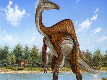 Ilustraci&oacute;n del dinosaurio `Deinocheirus mirificus&acute;. michael skrepnick