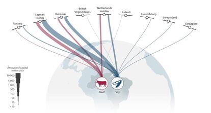 Flujo de capital extranjero procedente de varios paraísos fiscales al sector ganadero y el de la soja de Brasil.