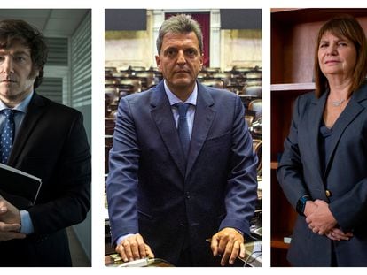 Tres de los aspirantes a la Presidencia de Argentina: Javier Milei, Sergio Massa y Patricia Bullrich.