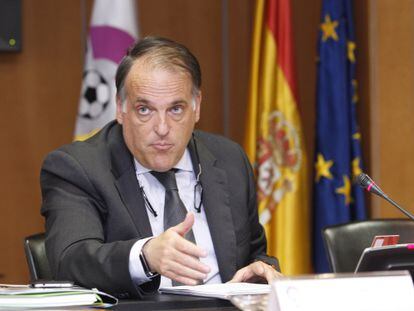 El president de la LFP, Javier Tebas, durant un acte.