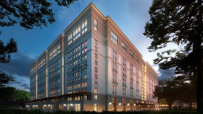 Imagen generada por ordenador del proyecto de Munger Hall, bautizado por sus numerosos detractores como Dormzilla.