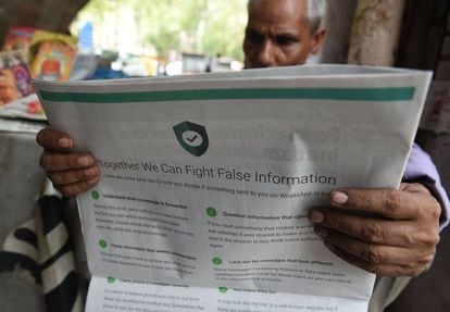 Puiblicidad a toda página de WhatsApp para anunciar su nuevo servicio para combatir las 'Fake News'