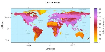 El mapa muestra la prevalencia geográfica de las 150 zoonosis incluidas en el estudio.