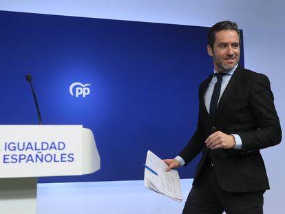 El PP cierra la puerta a negociar la renovación del CGPJ: “No vamos a colaborar. Sánchez quiere controlar el Poder Judicial”. Borja Sémper en rueda de prensa.
