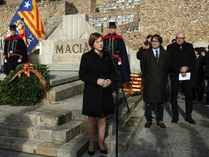 La presidenta del Parlament, Carme Forcadell, en l'homenatge a Francesc Macià, amb motiu del 83è aniversari de la seva mort.