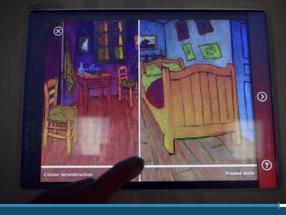 Simulaci&oacute;n digital con los colores originales de &#039;El dormitorio en Arl&eacute;s&#039; (1888), a la izquierda, y estado actual del &oacute;leo de Van Gogh. 