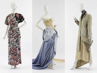 Tres vestidos expuestos en el MET: a la izquierda, Gilbert Adrian con un estampado de Dalí, en el centro un Galliano y a la derecha, Adrover.