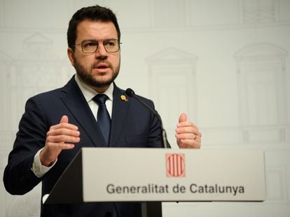 El presidente de la Generalitat, Pere Aragonès, en un momento de su intervención el pasado jueves en el Palau de la Generalitat. / ALBERTO PAREDES (EUROPA PRESS)