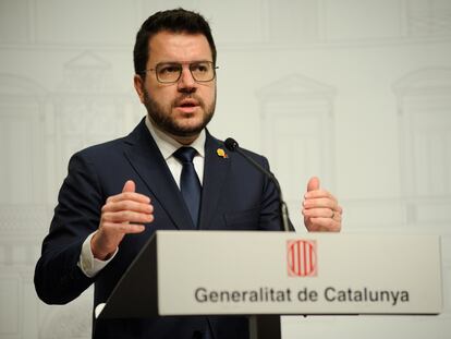 El presidente de la Generalitat, Pere Aragonès, en un momento de su intervención el pasado jueves en el Palau de la Generalitat. / ALBERTO PAREDES (EUROPA PRESS)