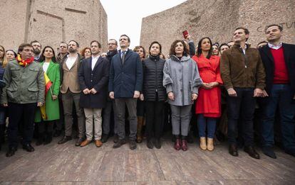 Representantes de Cs, PP y Vox, en la plaza de Colón de Madrid en un acto por la unidad de España, en febrero de 2019.
