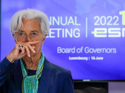 Christine Lagarde, presidenta del Banco Central Europeo (BCE) en el inicio de la reunión anual de la Junta de Gobernadores del Mecanismo Europeo de Estabilidad (MEDE) en Luxemburgo, el pasado 16 de junio.