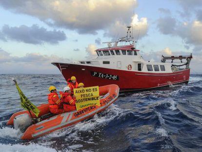 Varios activistas de Greenpeace durante una acci&oacute;n de protesta contra la pesca de arrastre en Tarragona.