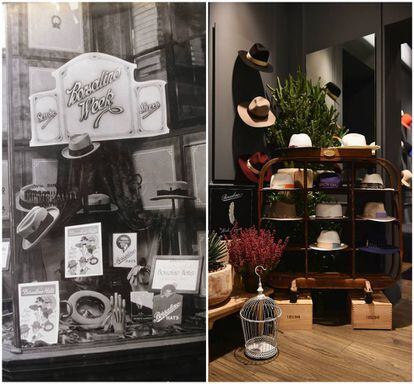 Tienda de Borsalino en Alessandria y, a la derecha, colección de la firma de la primavera/verano 2017 en una tienda de Milán.